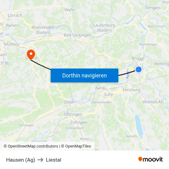 Hausen (Ag) to Liestal map