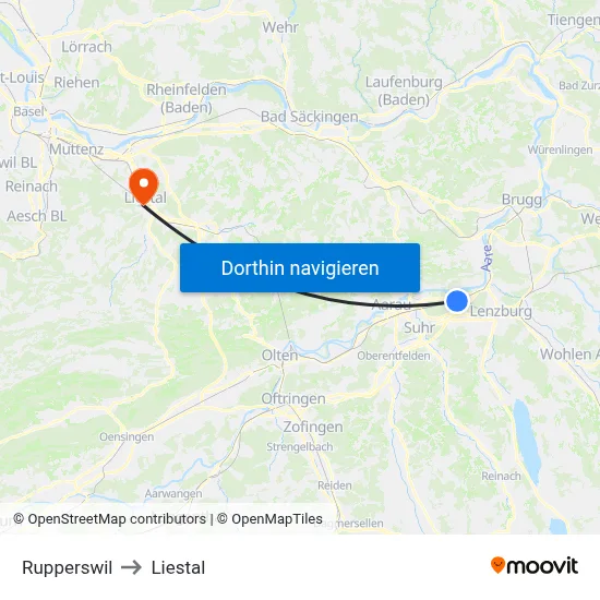 Rupperswil to Liestal map