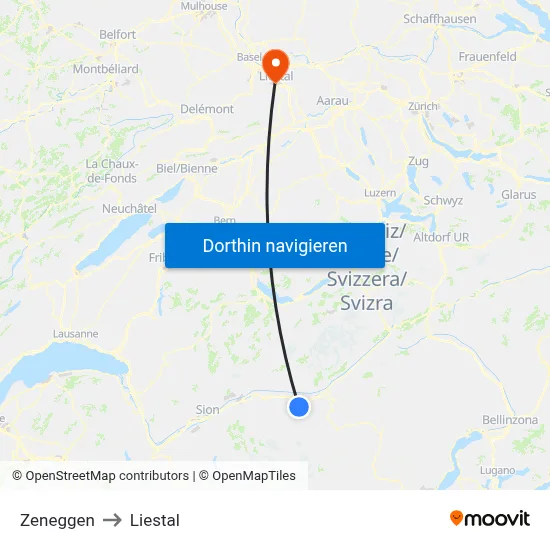 Zeneggen to Liestal map