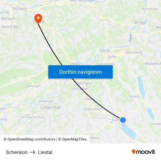 Schenkon to Liestal map