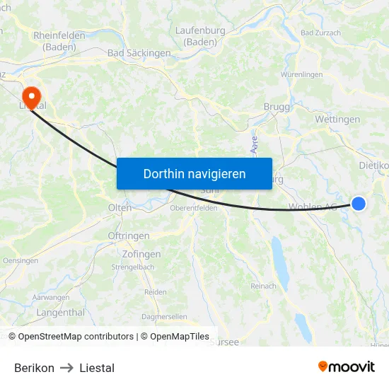 Berikon to Liestal map