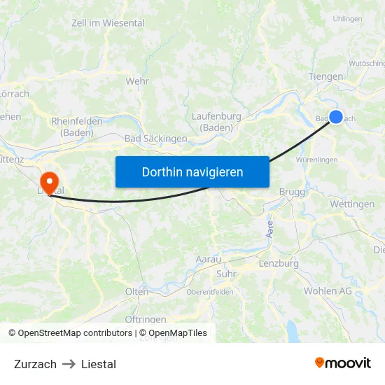 Zurzach to Liestal map