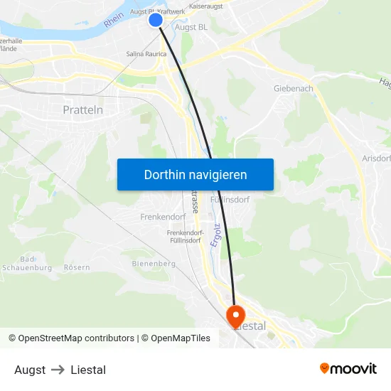 Augst to Liestal map