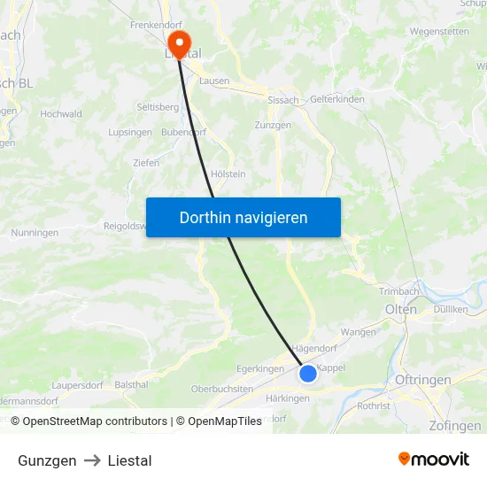 Gunzgen to Liestal map