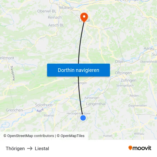 Thörigen to Liestal map