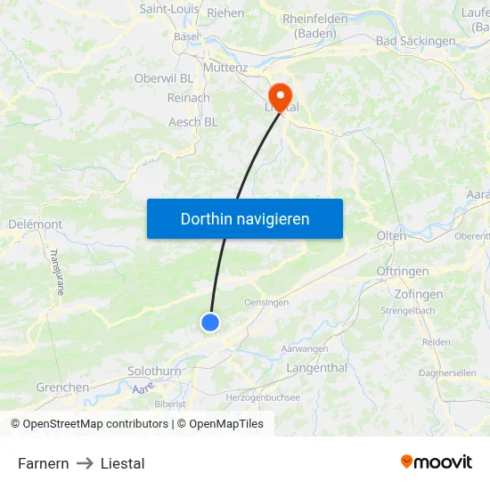 Farnern to Liestal map