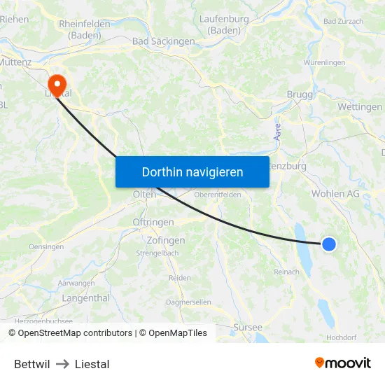 Bettwil to Liestal map