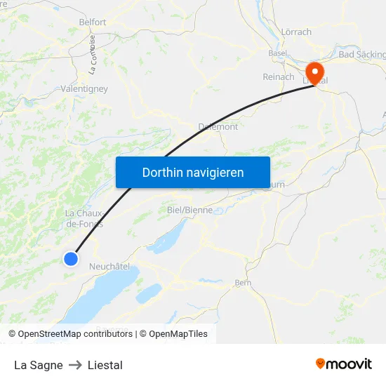 La Sagne to Liestal map