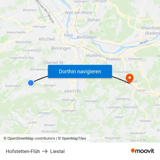 Hofstetten-Flüh to Liestal map
