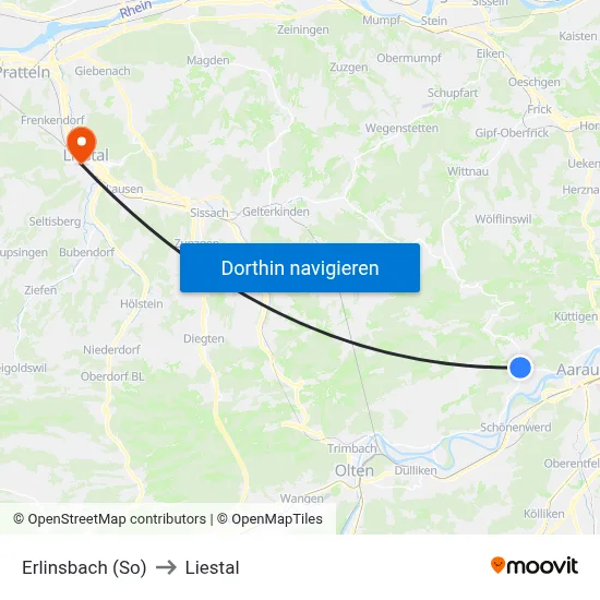 Erlinsbach (So) to Liestal map