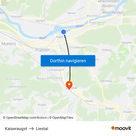 Kaiseraugst to Liestal map