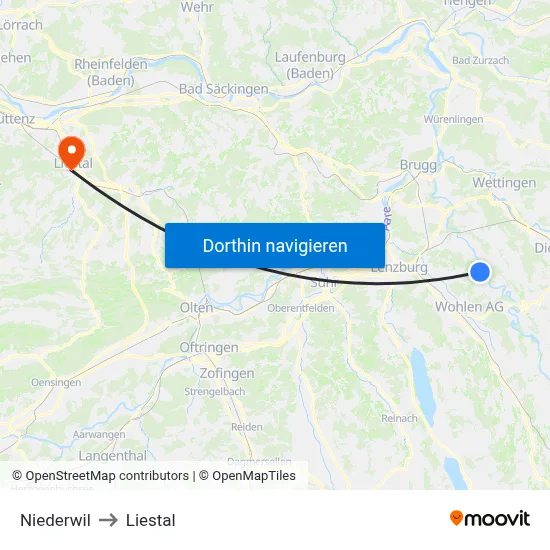 Niederwil to Liestal map