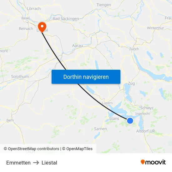 Emmetten to Liestal map
