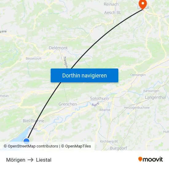 Mörigen to Liestal map