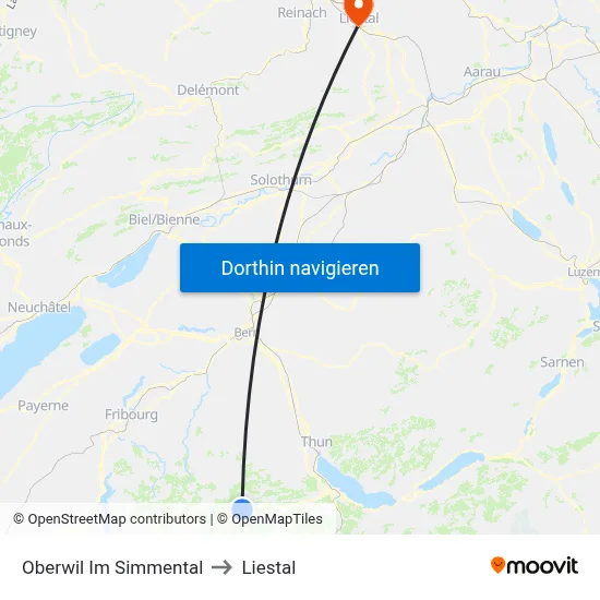 Oberwil Im Simmental to Liestal map