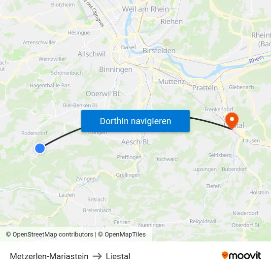 Metzerlen-Mariastein to Liestal map