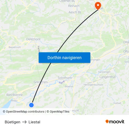 Büetigen to Liestal map