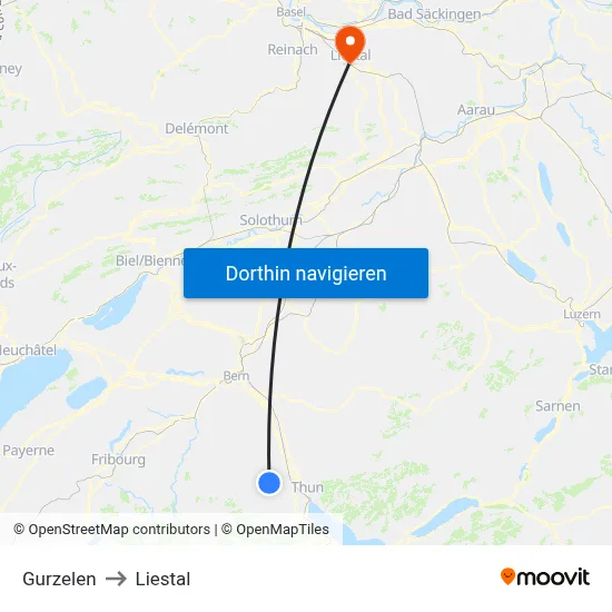 Gurzelen to Liestal map