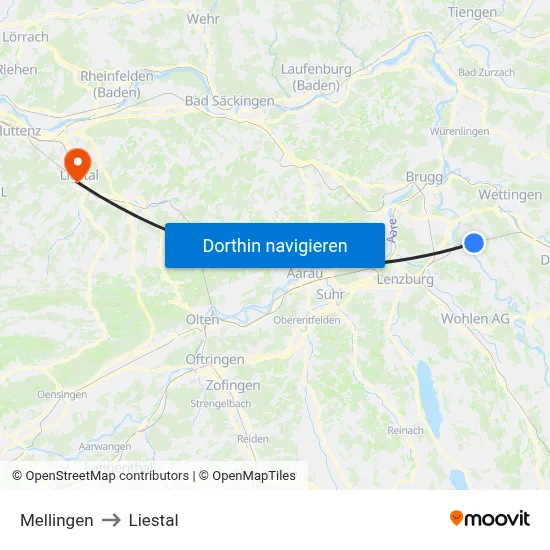 Mellingen to Liestal map