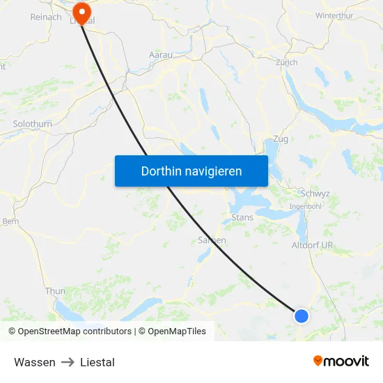 Wassen to Liestal map