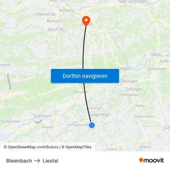 Bleienbach to Liestal map
