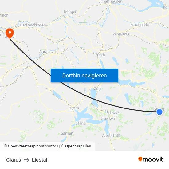Glarus to Liestal map