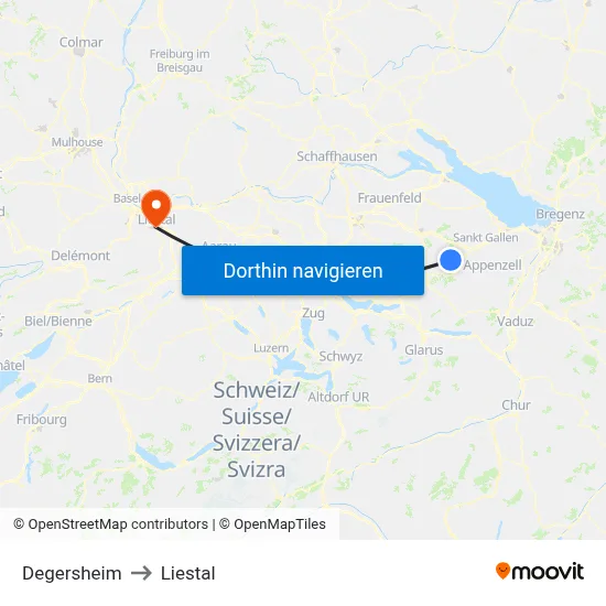 Degersheim to Liestal map