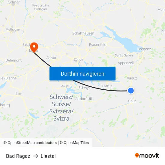 Bad Ragaz to Liestal map