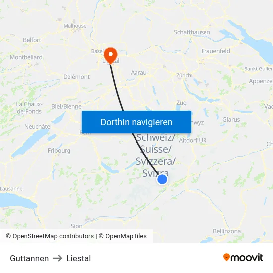 Guttannen to Liestal map