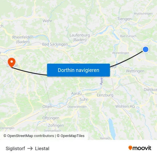 Siglistorf to Liestal map