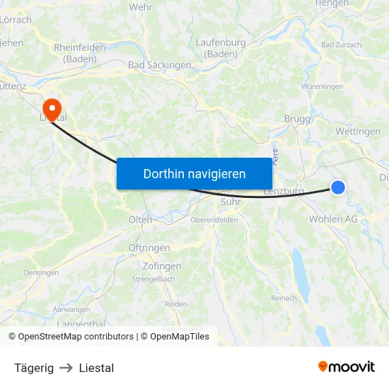 Tägerig to Liestal map
