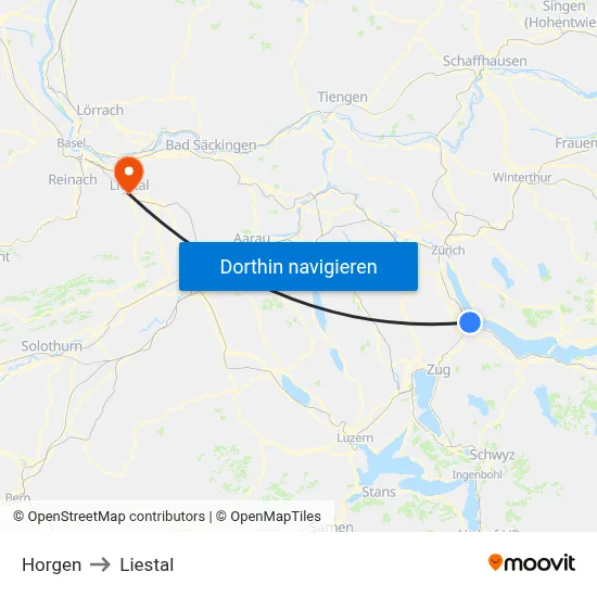 Horgen to Liestal map