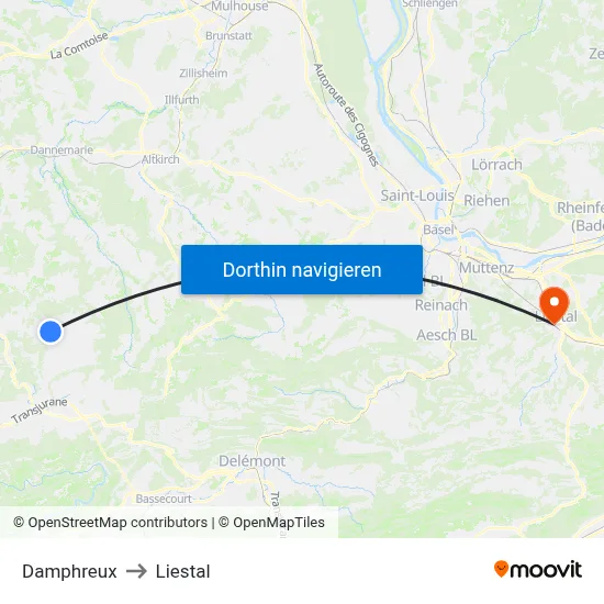 Damphreux to Liestal map