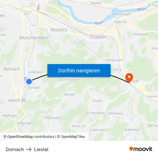 Dornach to Liestal map