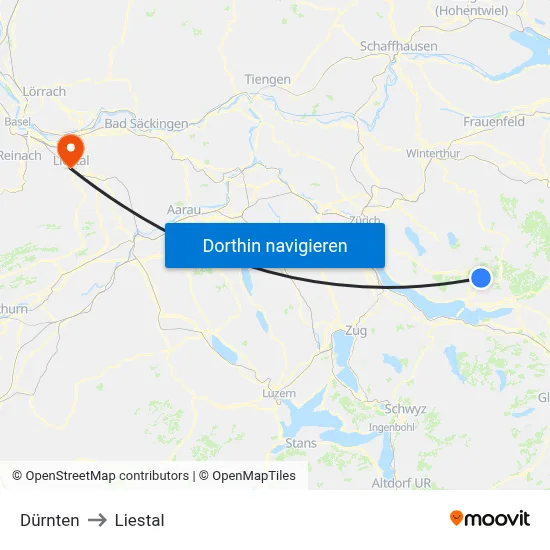 Dürnten to Liestal map