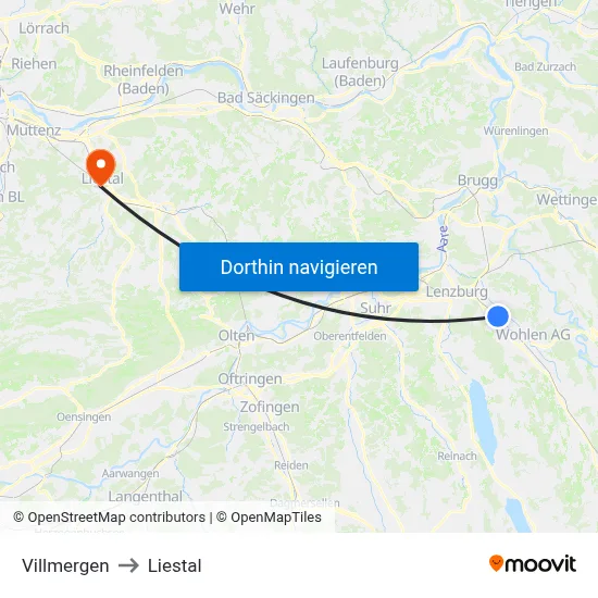 Villmergen to Liestal map