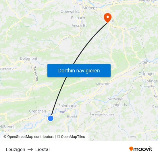 Leuzigen to Liestal map