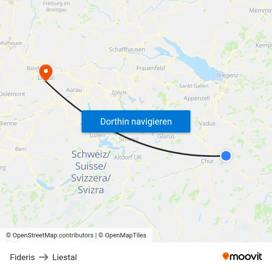 Fideris to Liestal map