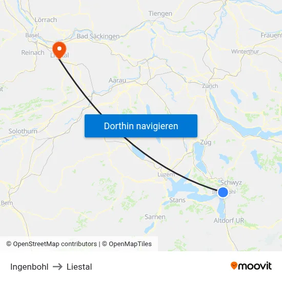 Ingenbohl to Liestal map