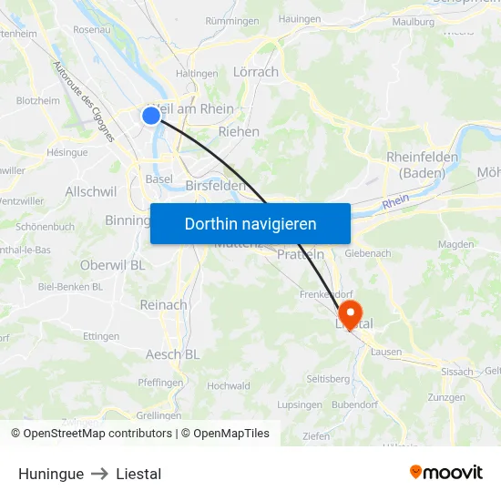 Huningue to Liestal map