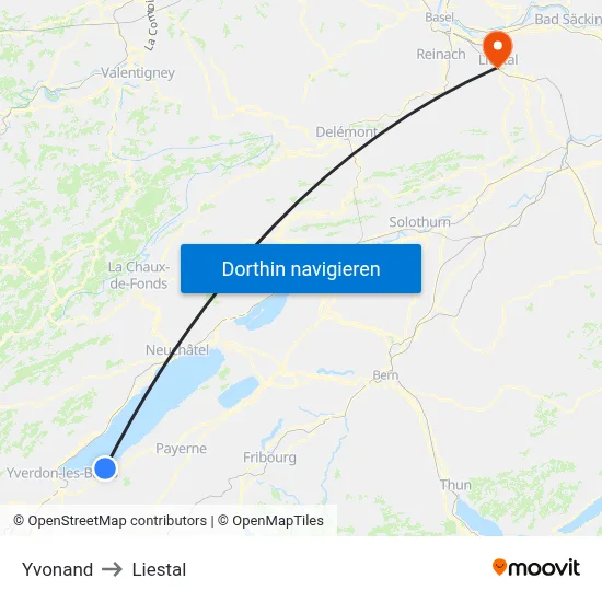 Yvonand to Liestal map