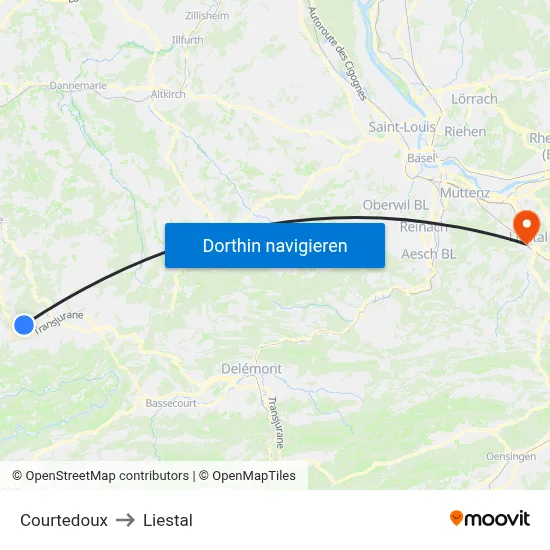 Courtedoux to Liestal map