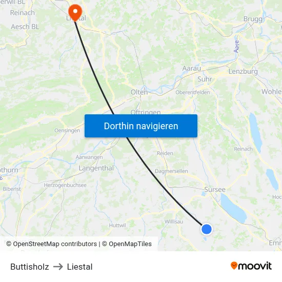 Buttisholz to Liestal map
