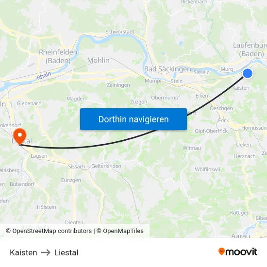 Kaisten to Liestal map