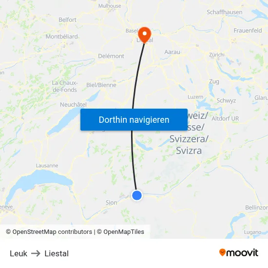 Leuk to Liestal map