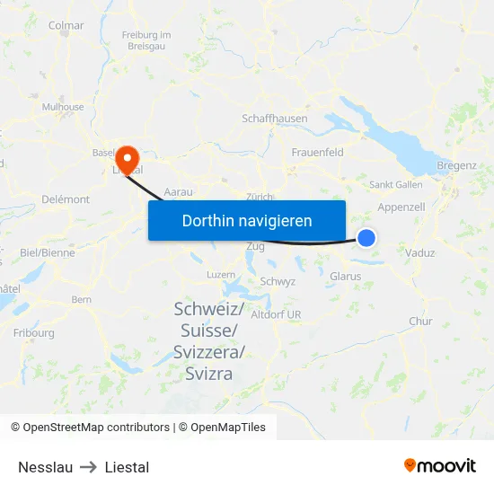 Nesslau to Liestal map