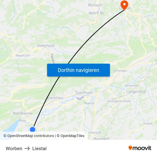 Worben to Liestal map
