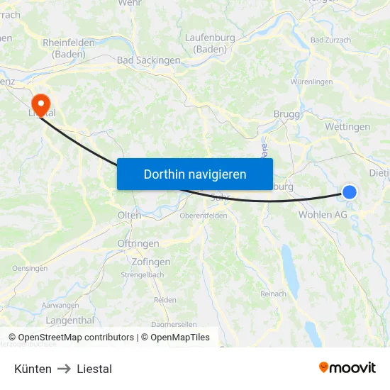 Künten to Liestal map