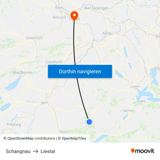 Schangnau to Liestal map