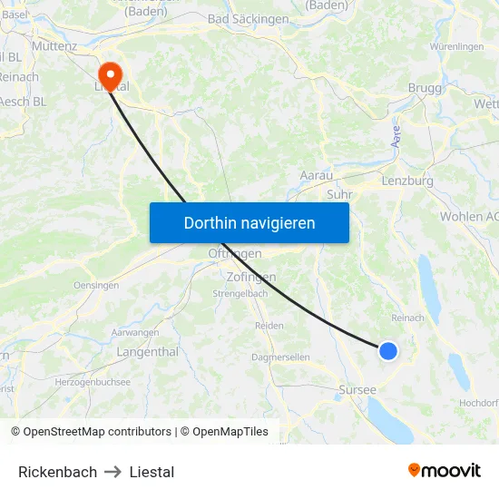 Rickenbach to Liestal map